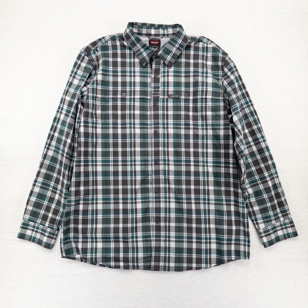 Wrangler Men's Outdoor Long Sleeve Utility Camp Shirt XL Green Plaid Tab Sleeve
